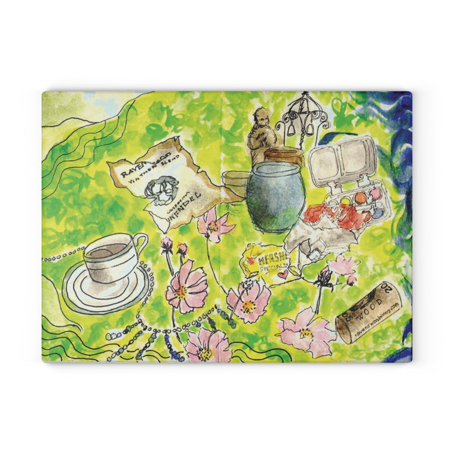 Watercolor Dining Table Vignette Glass Cutting Board - Ideal for Food Preparation and Serving, Housewarmings, Birthdays - Vibrant Colors,