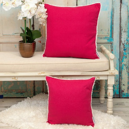 20" Hot Pink Cotton Throw Pillow With Fringe-7