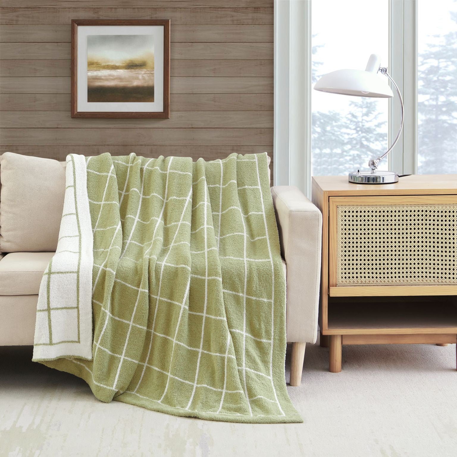 50" X 60" Green and White Fleece Knitted Geometric Plush Throw Blanket-6