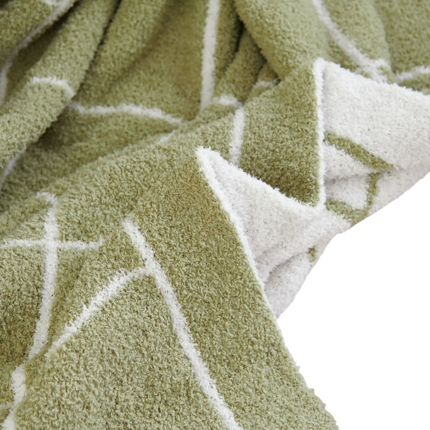 50" X 60" Green and White Fleece Knitted Geometric Plush Throw Blanket-2