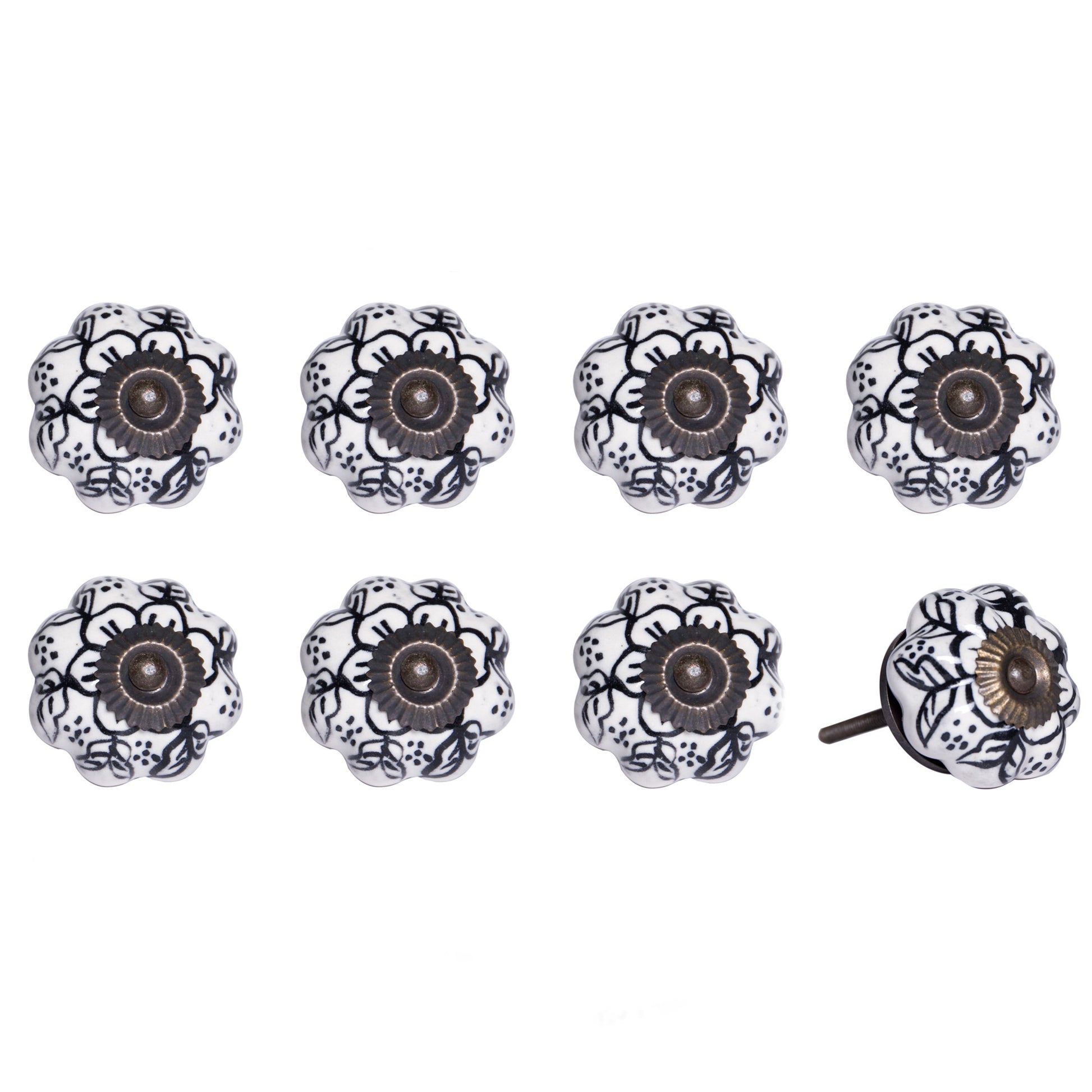 Set of Eight Black And White Ceramic And Metal Drawer Pull Knobs-1