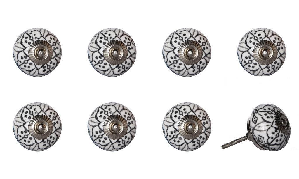 Set of Eight Black And White Ceramic And Metal Drawer Pull Knobs-1