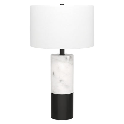 24" Black and White Marble and Metal Cylinder Table Lamp With White Drum Shade-0