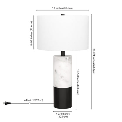 24" Black and White Marble and Metal Cylinder Table Lamp With White Drum Shade-7
