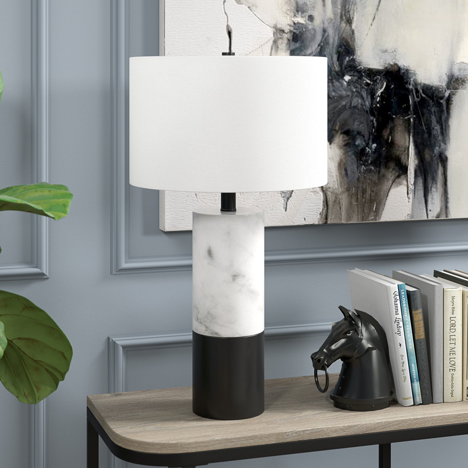 24" Black and White Marble and Metal Cylinder Table Lamp With White Drum Shade-5