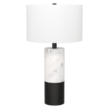 24" Black and White Marble and Metal Cylinder Table Lamp With White Drum Shade-4