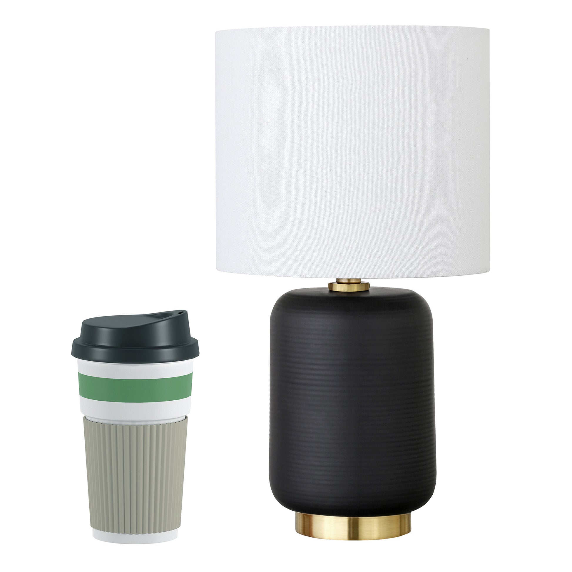 15" Black and Gold Ceramic Cylinder Table Lamp With White Drum Shade-3