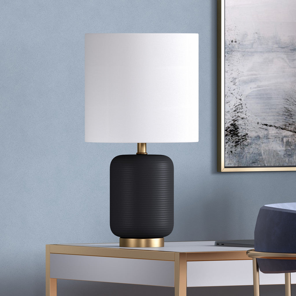 15" Black and Gold Ceramic Cylinder Table Lamp With White Drum Shade-8