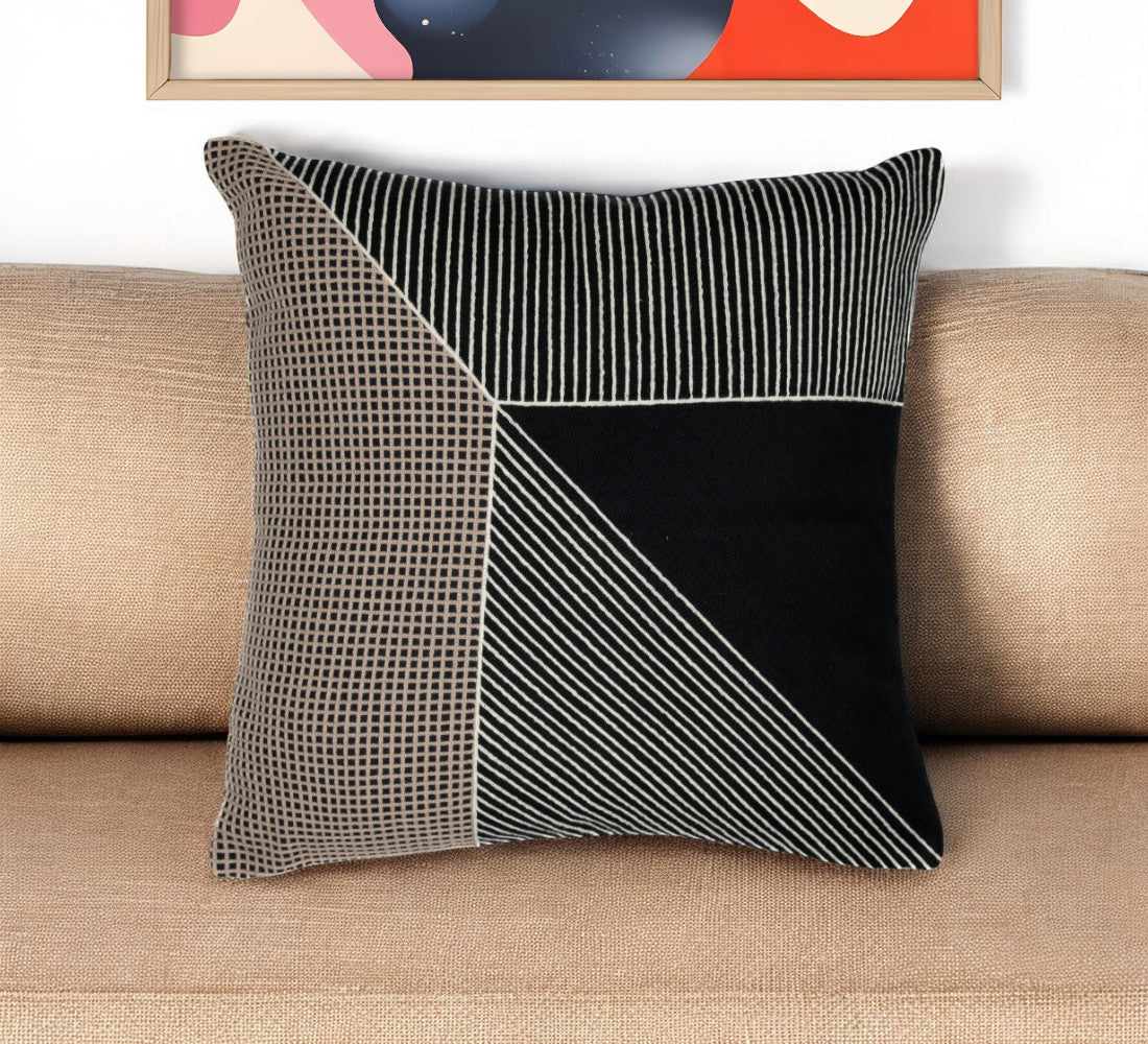 24" Black and White Geometric Cotton Throw Pillow  With Embroidery-0