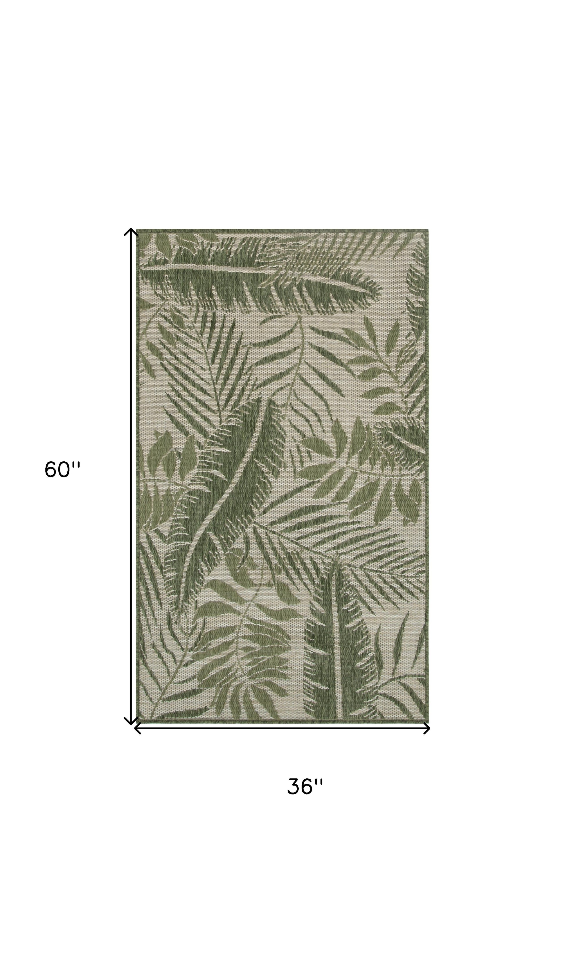3' X 5' Green And Ivory Palm Leaf Indoor Outdoor Area Rug-1