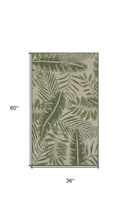 3' X 5' Green And Ivory Palm Leaf Indoor Outdoor Area Rug-1