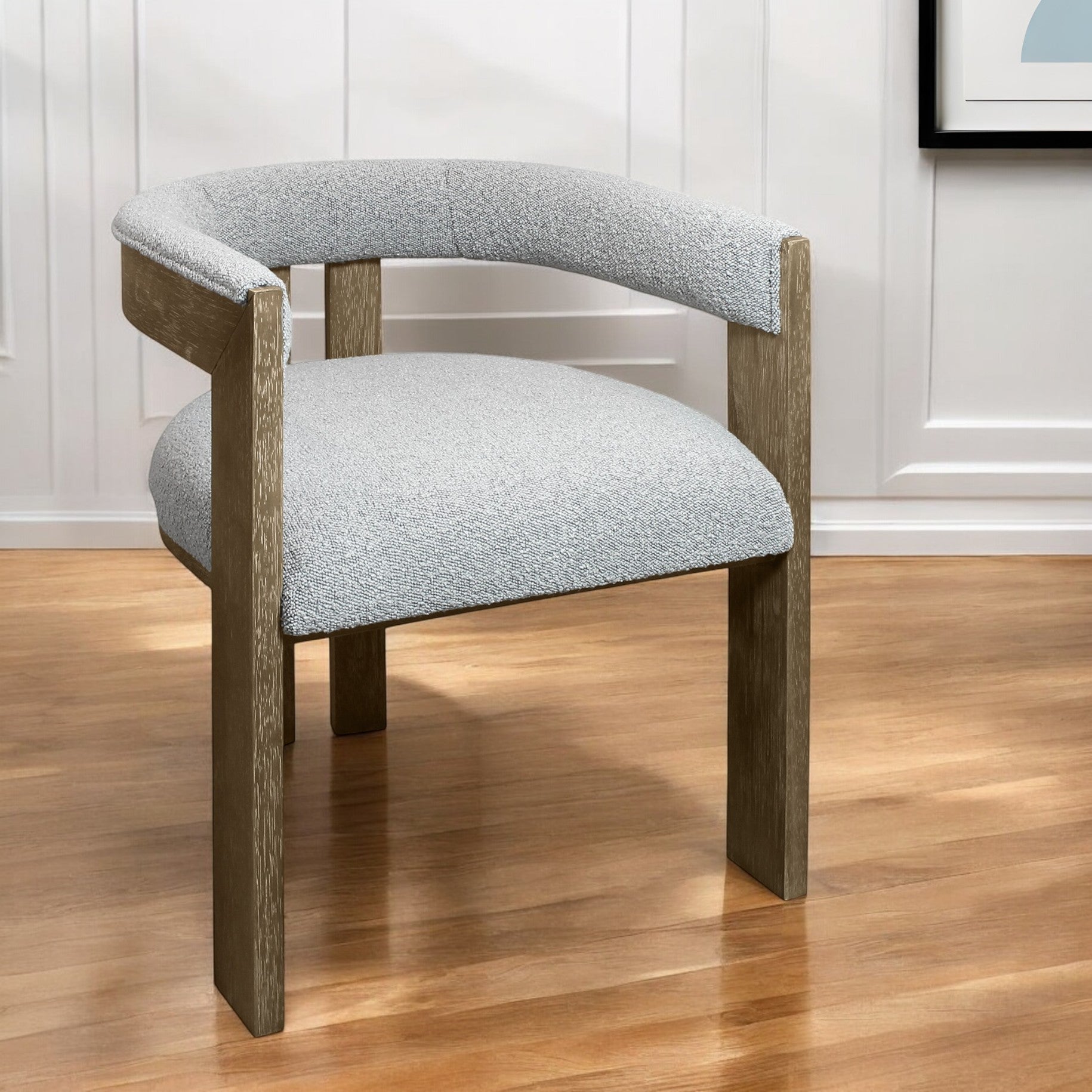 Gray and Brown Upholstered Boucle Open Back Dining Arm Chair-0