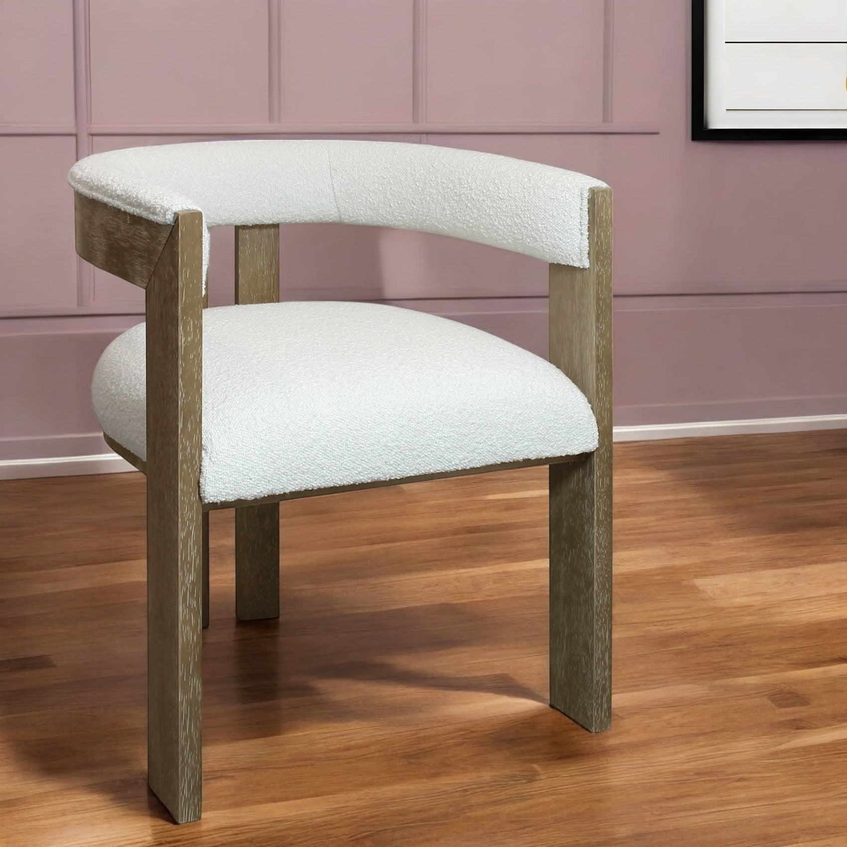 Ivory and Brown Upholstered Boucle Open Back Dining Arm Chair-0