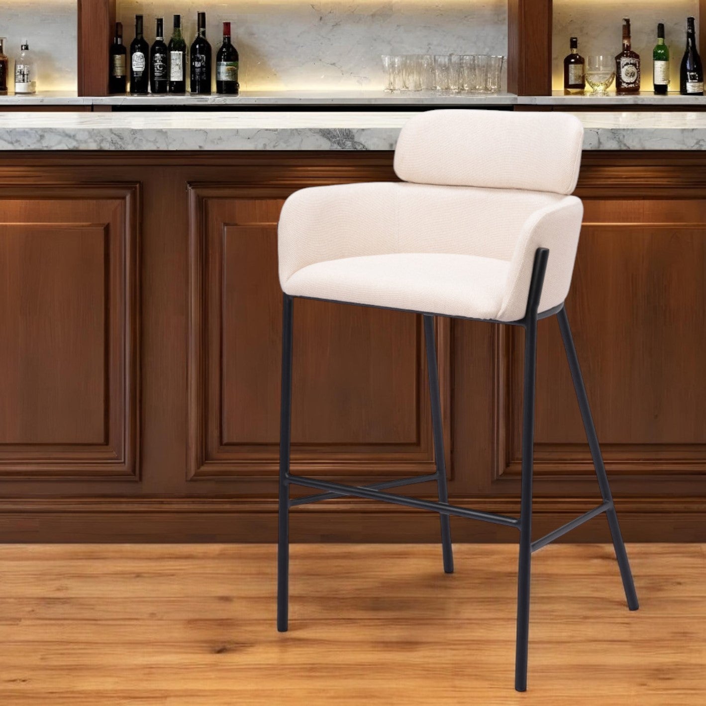 30" Beige And Black Fabric And Steel Bar Height Bar Chair-1