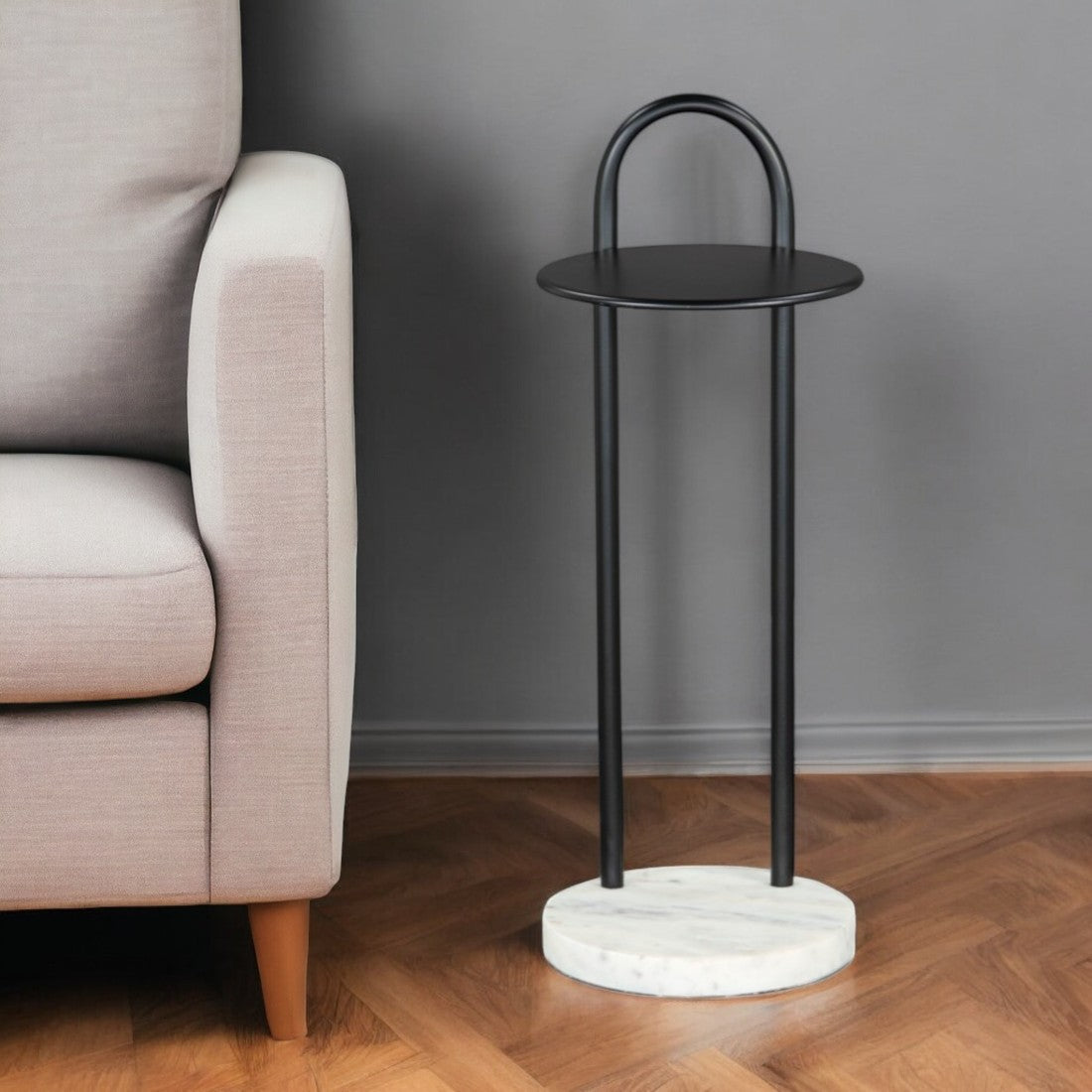 22" Black And White Iron And Marble Round C Table End Table-1