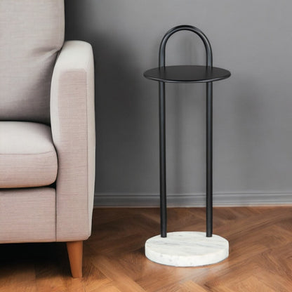 22" Black And White Iron And Marble Round C Table End Table-1