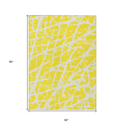 5' X 8' Yellow and White Abstract Washable Non Skid Indoor Outdoor Area Rug-2