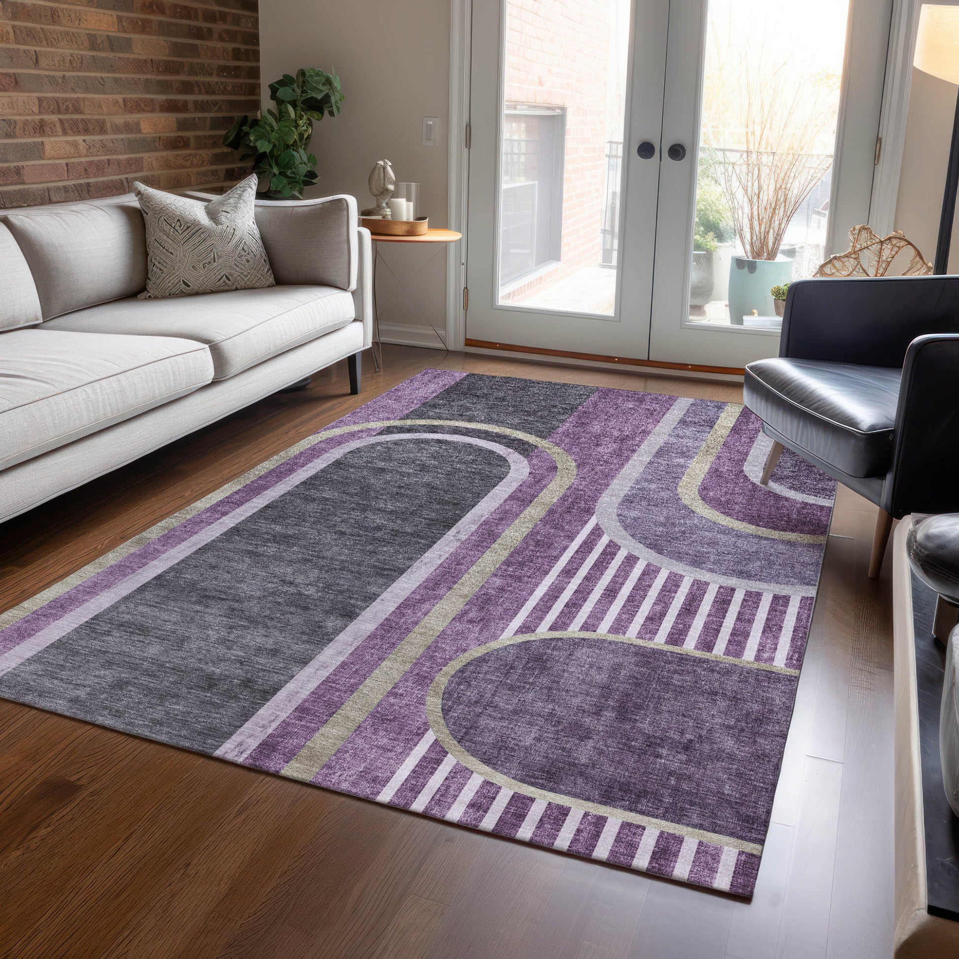 8' X 10' Purple and Black Abstract Washable Indoor Outdoor Area Rug-6