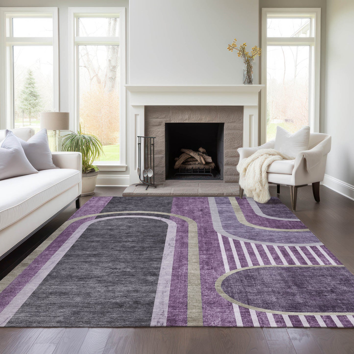 8' X 10' Purple and Black Abstract Washable Indoor Outdoor Area Rug-7