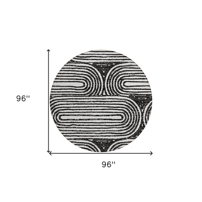 8' Black And White Round Abstract Washable Indoor Outdoor Area Rug-2