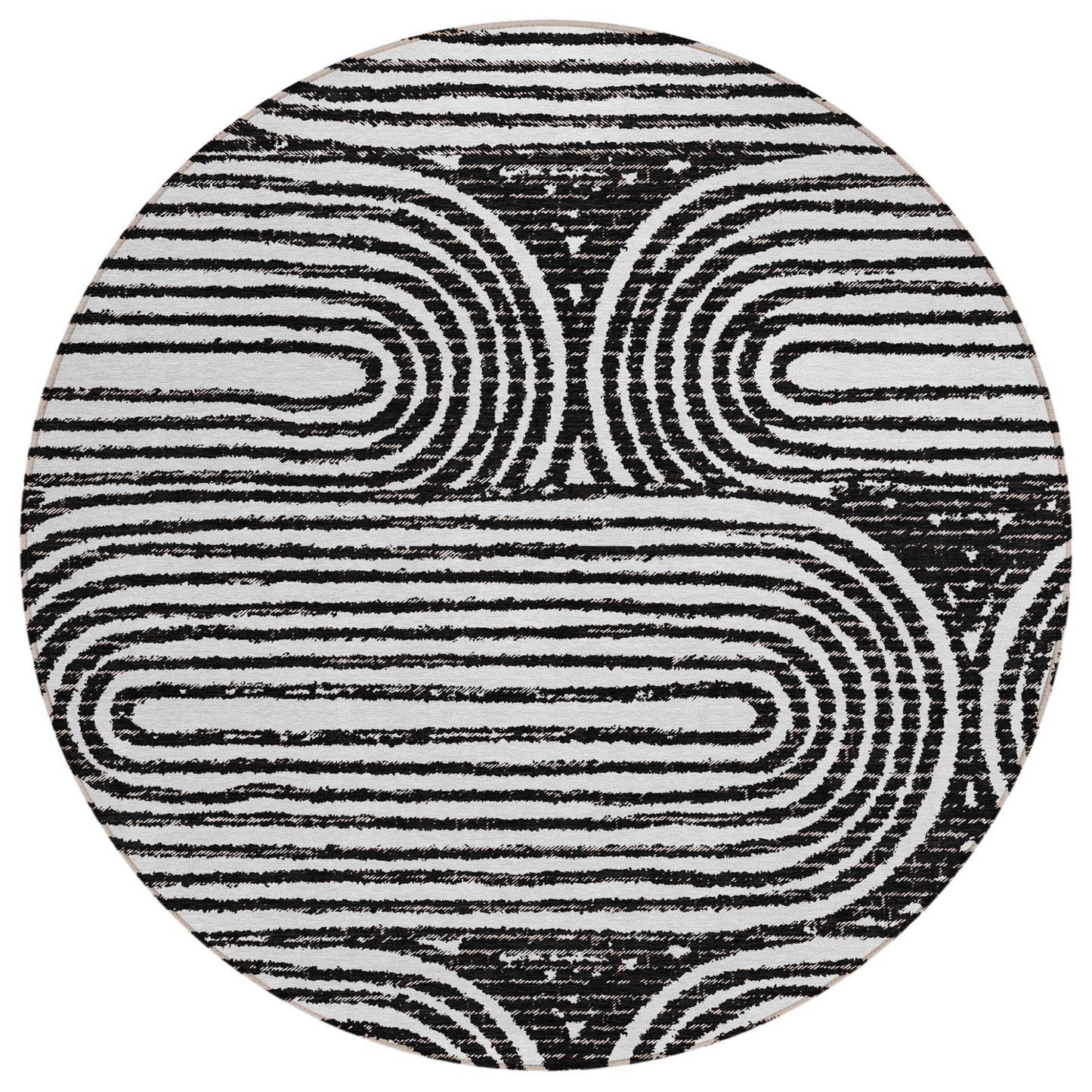 8' Black And White Round Abstract Washable Indoor Outdoor Area Rug-1
