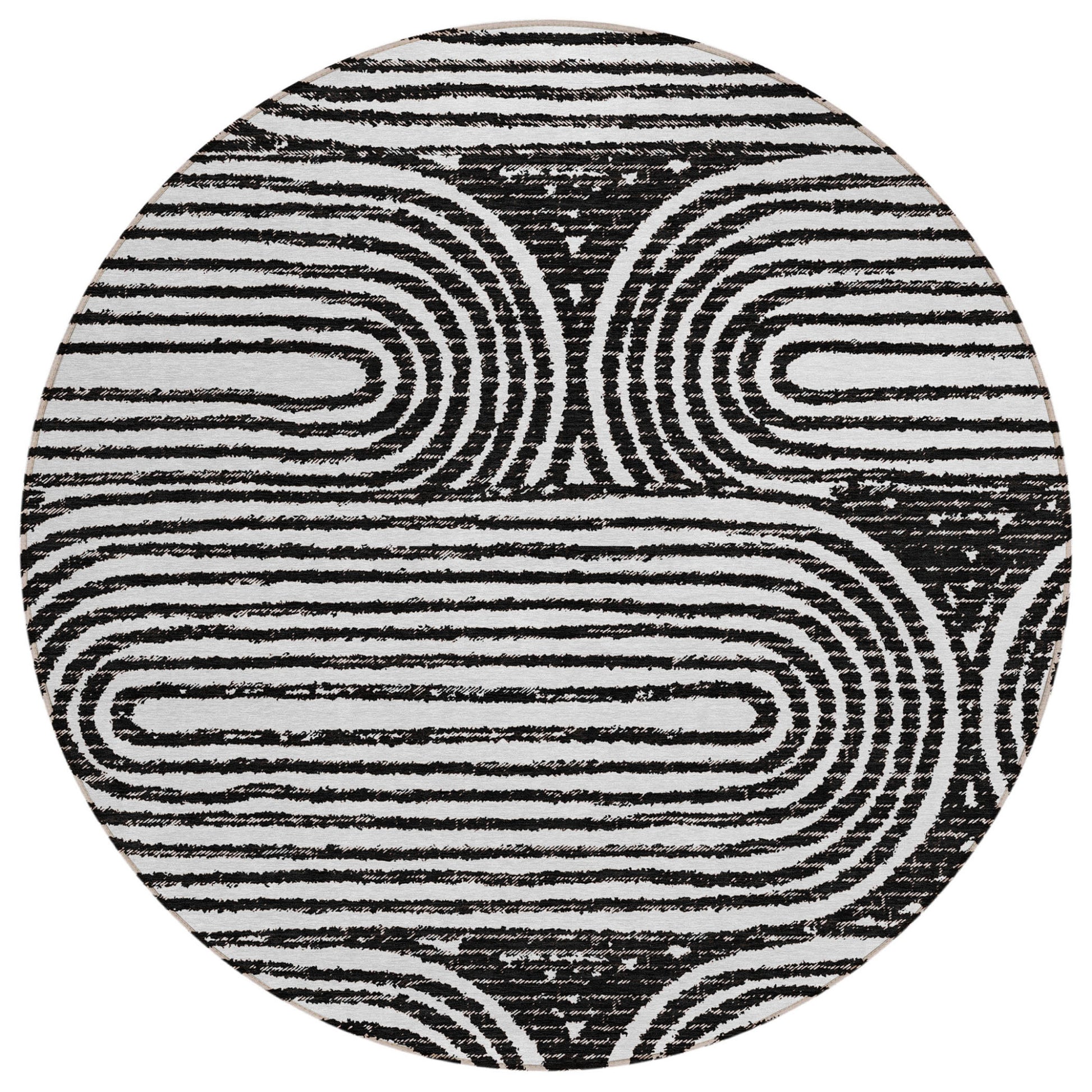 8' Black And White Round Abstract Washable Indoor Outdoor Area Rug-1