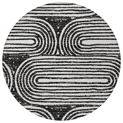 8' Black And White Round Abstract Washable Indoor Outdoor Area Rug-3
