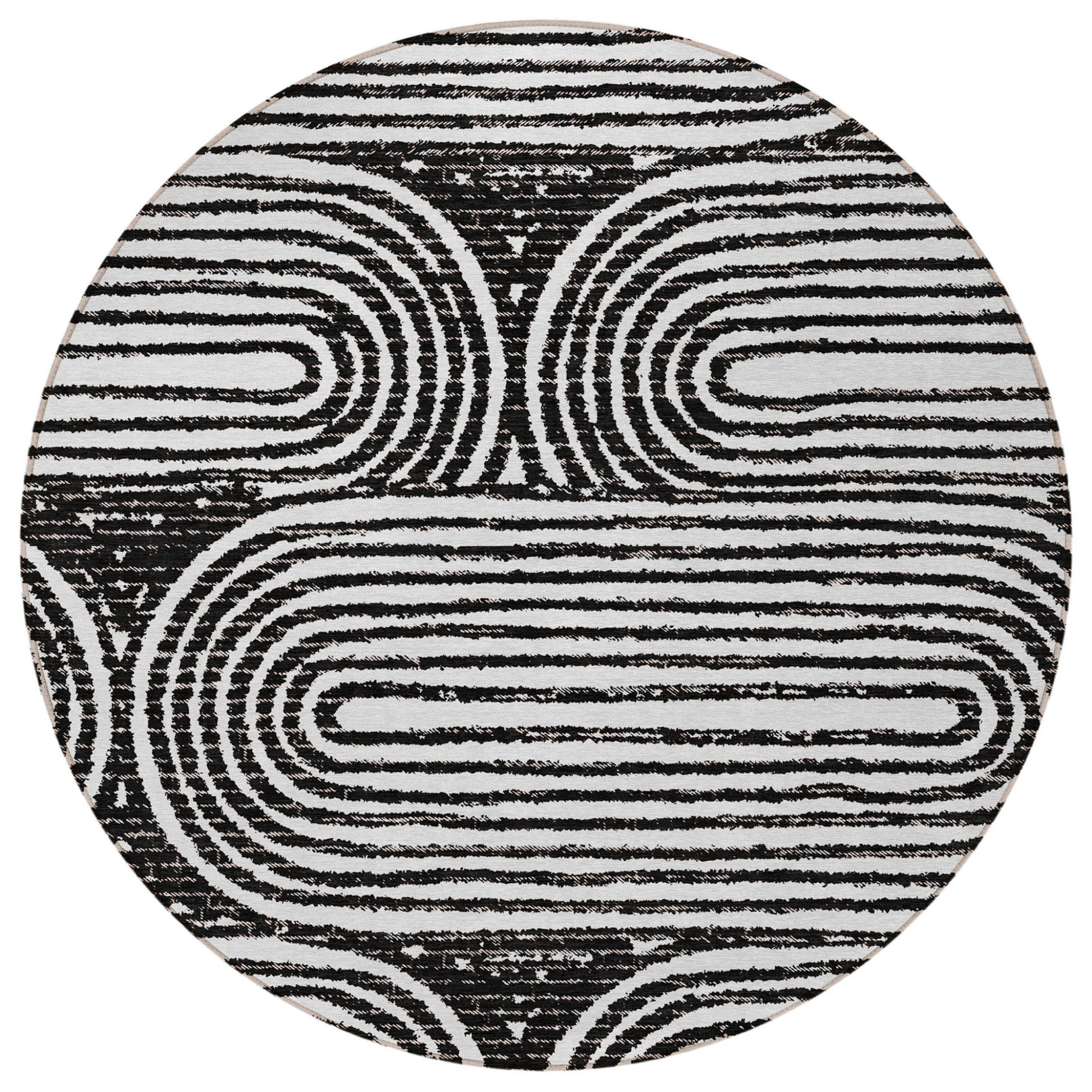 8' Black And White Round Abstract Washable Indoor Outdoor Area Rug-4