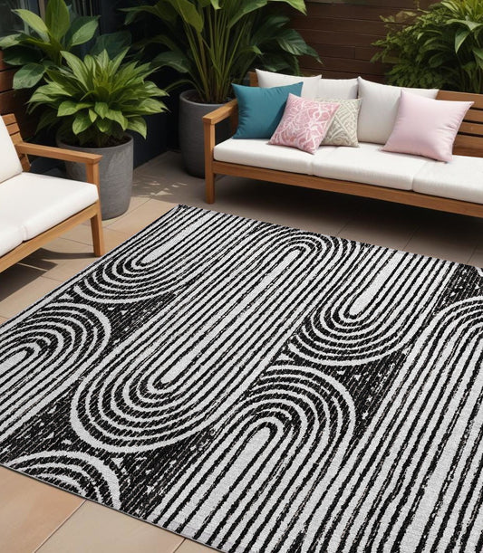 10' X 14' Black And White Abstract Washable Indoor Outdoor Area Rug-0