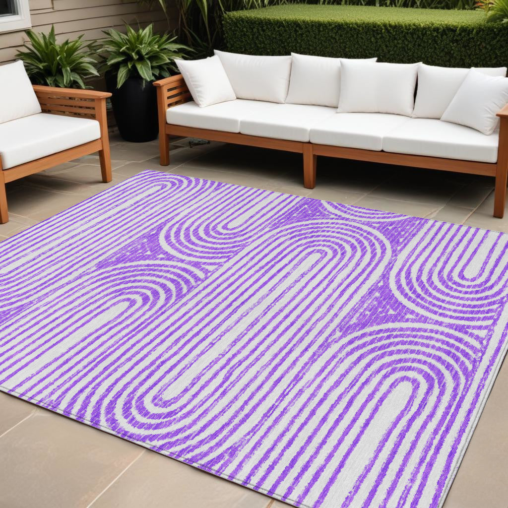 9' X 12' Purple and White Abstract Washable Non Skid Indoor Outdoor Area Rug-0