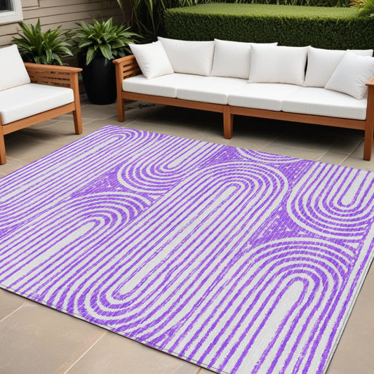 9' X 12' Purple and White Abstract Washable Non Skid Indoor Outdoor Area Rug-0