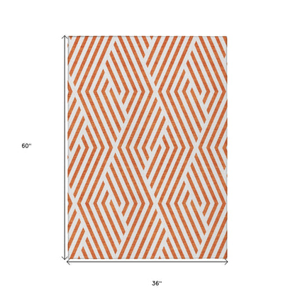 3' X 5' Orange And White Geometric Washable Indoor Outdoor Area Rug-2