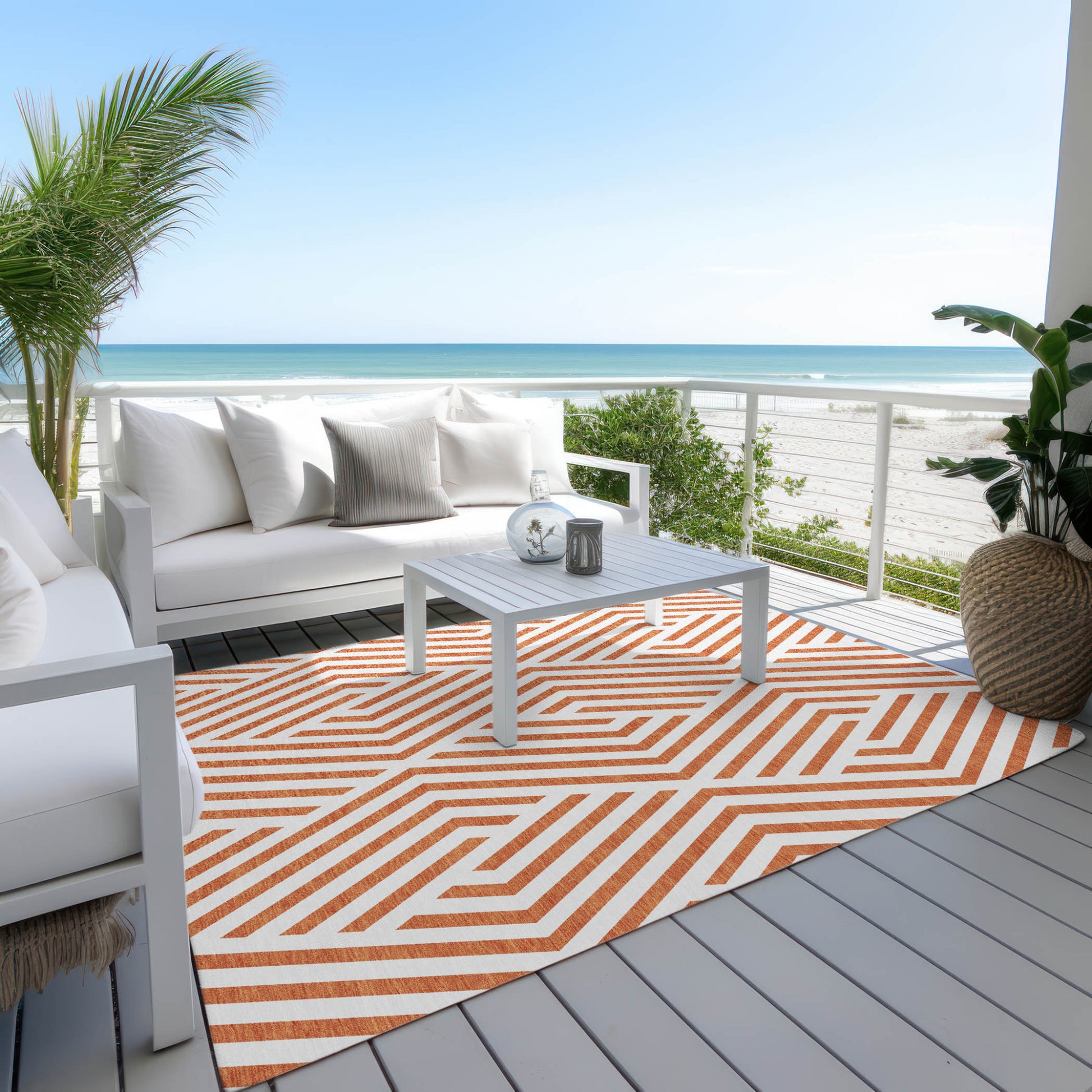 3' X 5' Orange And White Geometric Washable Indoor Outdoor Area Rug-7