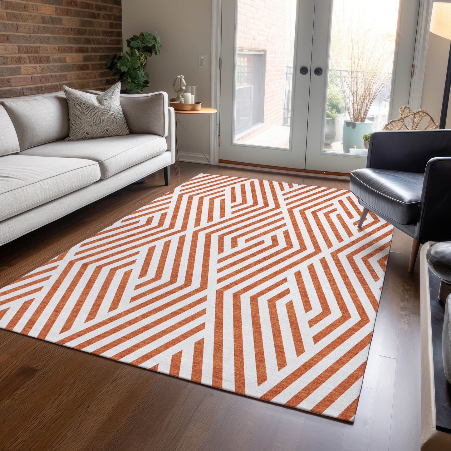3' X 5' Orange And White Geometric Washable Indoor Outdoor Area Rug-8