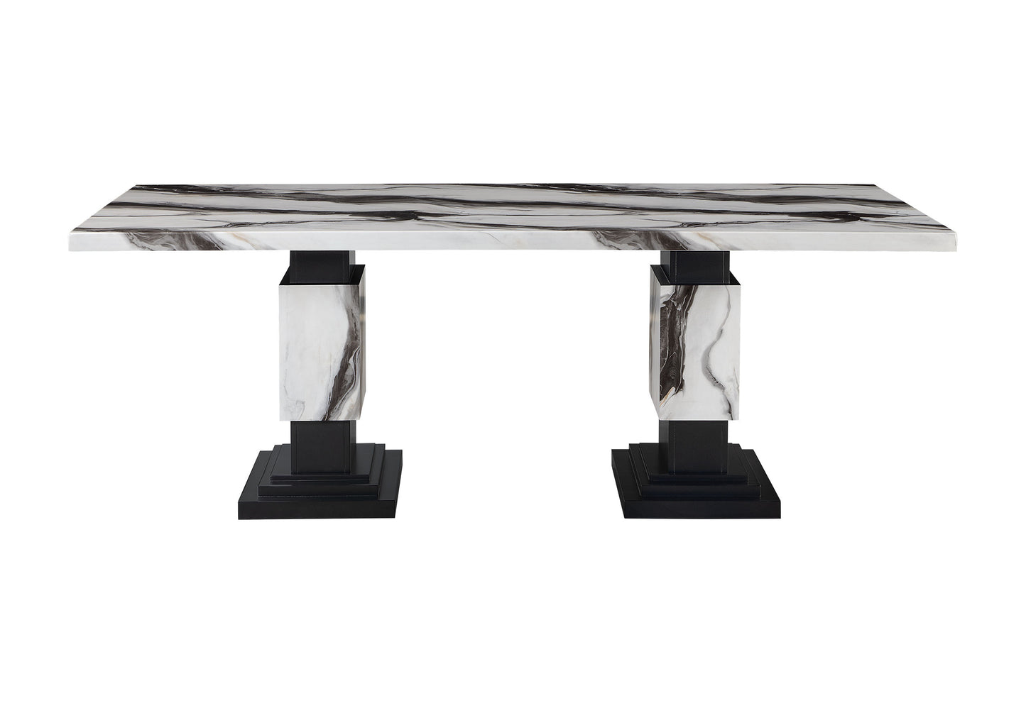 82" Black and White Faux Marble and Wood Double Pedestal Base Dining Table-1