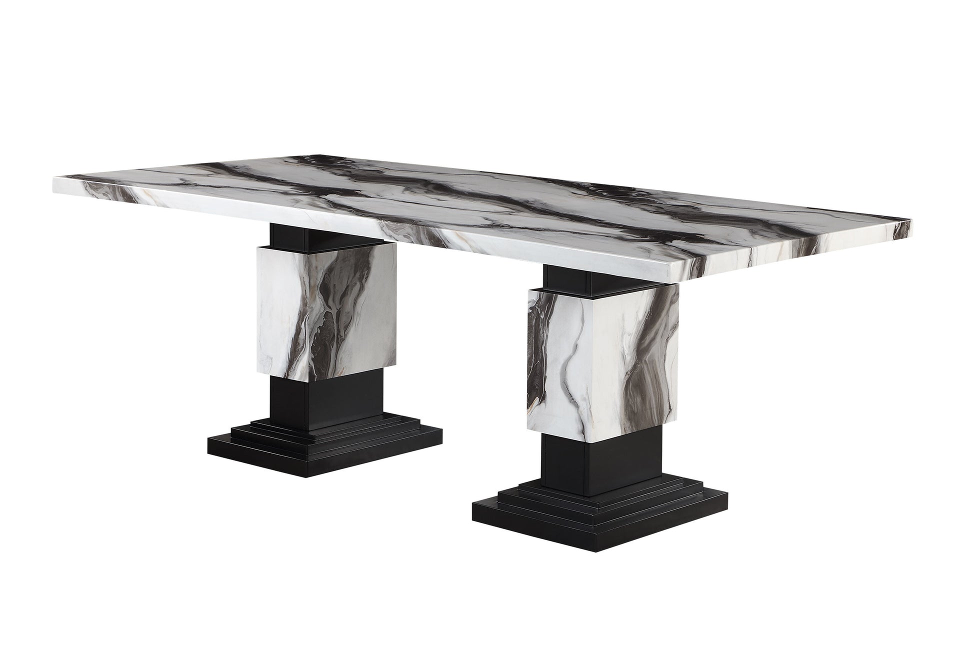 82" Black and White Faux Marble and Wood Double Pedestal Base Dining Table-2