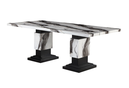 82" Black and White Faux Marble and Wood Double Pedestal Base Dining Table-2