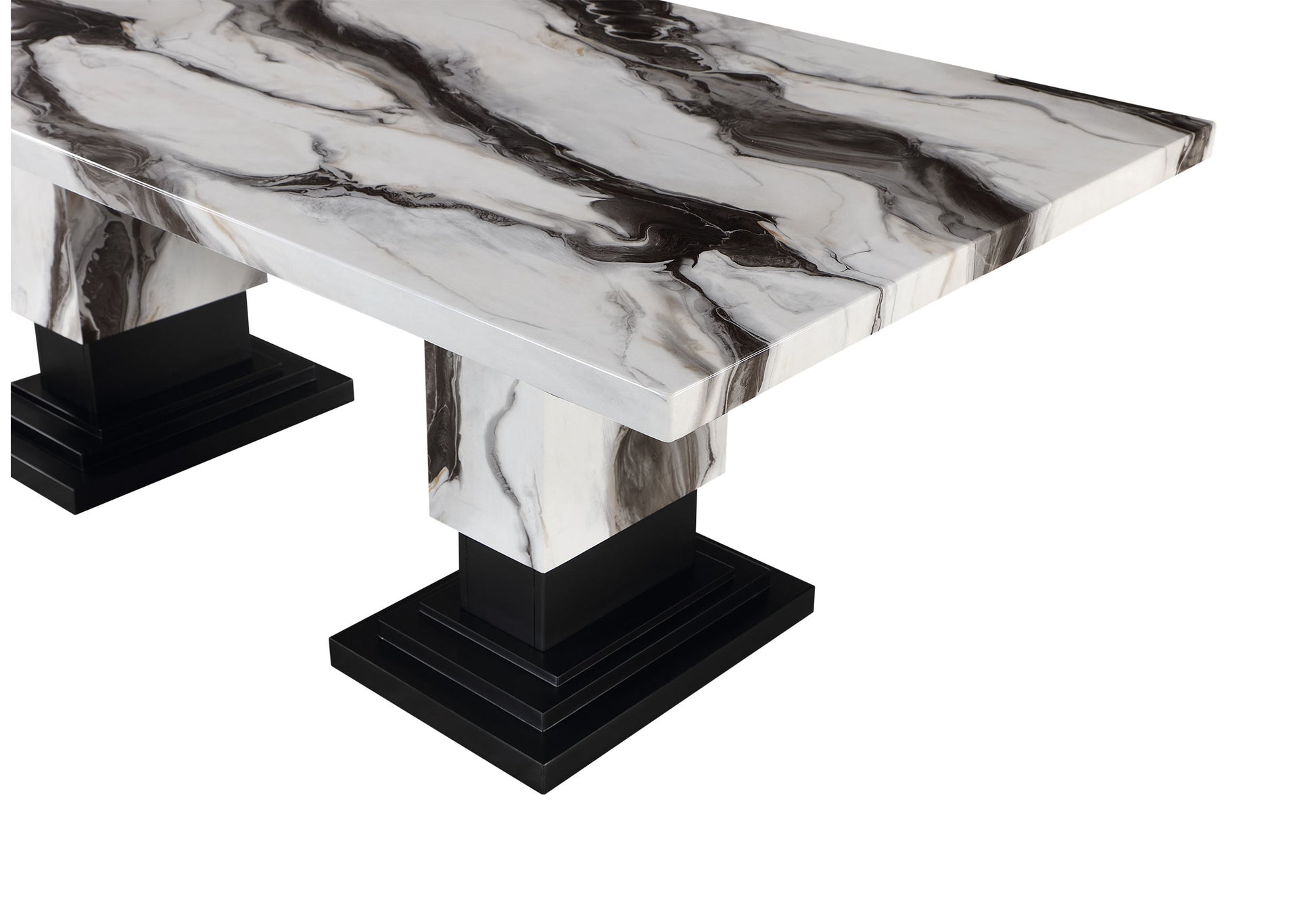 82" Black and White Faux Marble and Wood Double Pedestal Base Dining Table-5