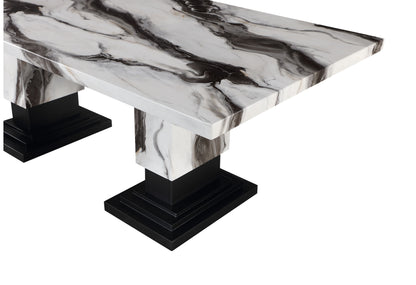 82" Black and White Faux Marble and Wood Double Pedestal Base Dining Table-5