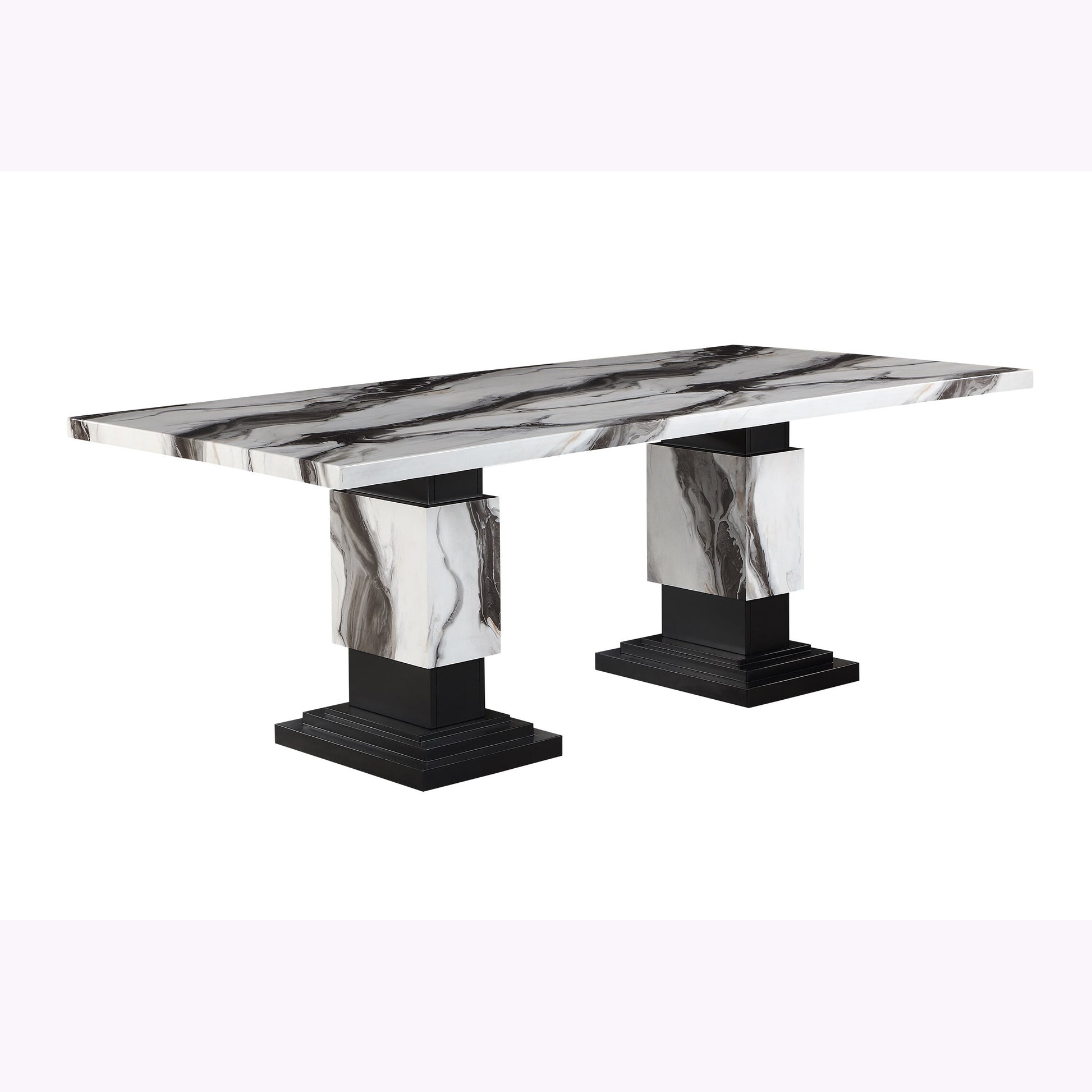 82" Black and White Faux Marble and Wood Double Pedestal Base Dining Table-4