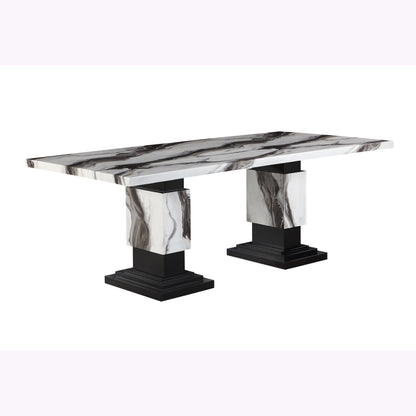 82" Black and White Faux Marble and Wood Double Pedestal Base Dining Table-4