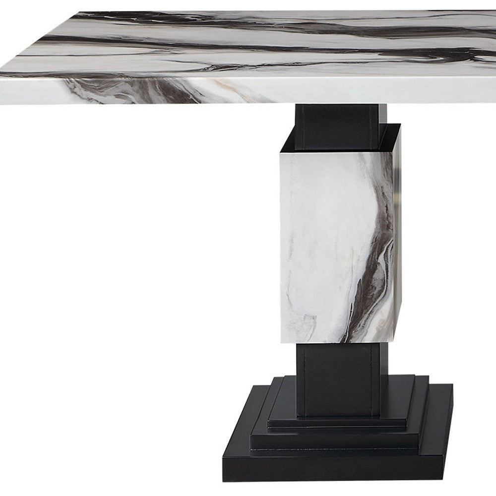 82" Black and White Faux Marble and Wood Double Pedestal Base Dining Table-7