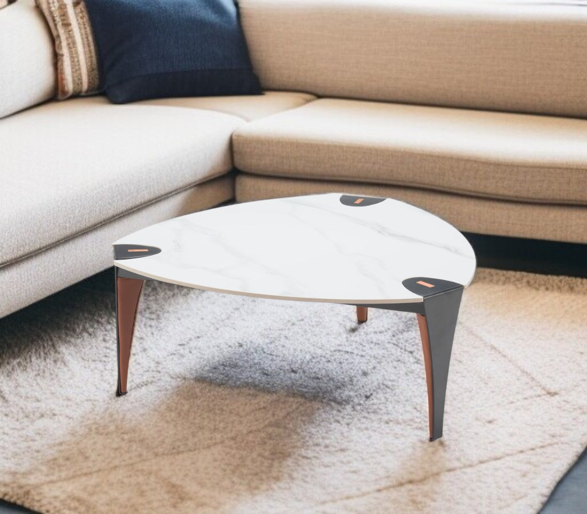 36" White and Black Sintered Stone Faux Leather And Steel Triangle Coffee Table-1