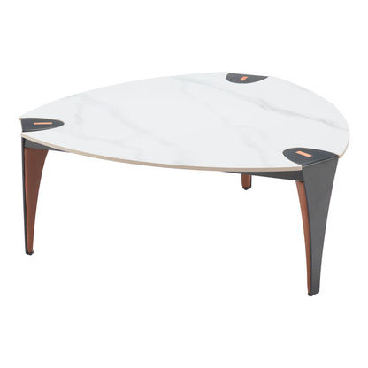 36" White and Black Sintered Stone Faux Leather And Steel Triangle Coffee Table-0