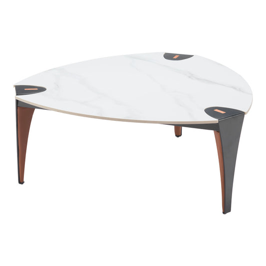 36" White and Black Sintered Stone Faux Leather And Steel Triangle Coffee Table-0