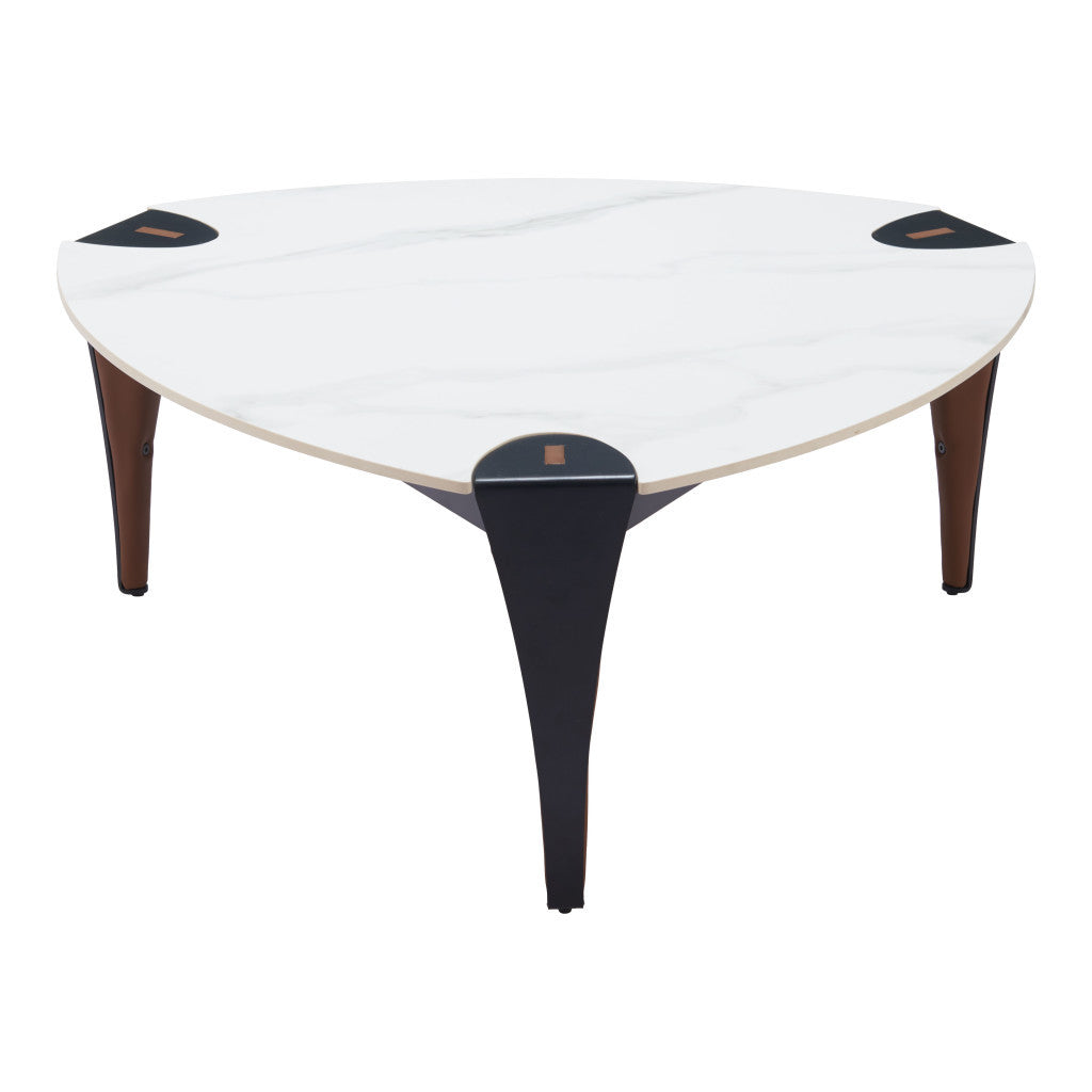 36" White and Black Sintered Stone Faux Leather And Steel Triangle Coffee Table-2