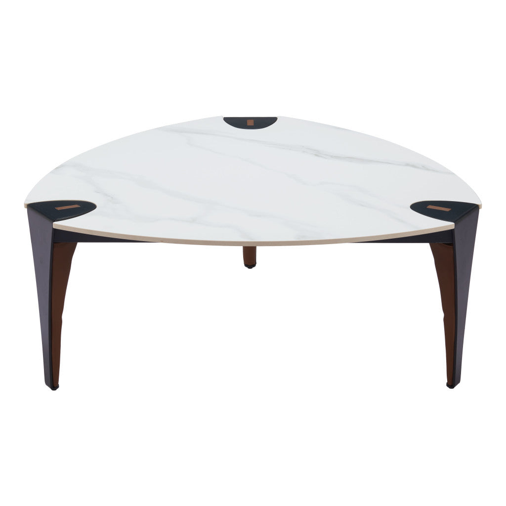 36" White and Black Sintered Stone Faux Leather And Steel Triangle Coffee Table-3