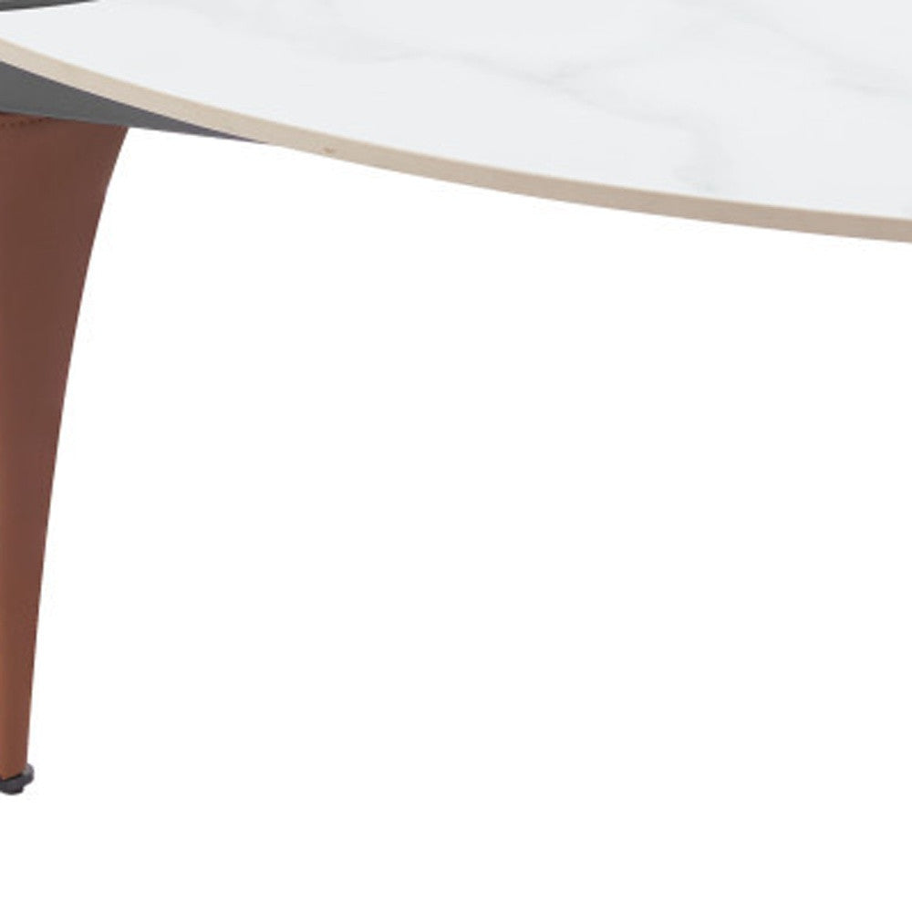 36" White and Black Sintered Stone Faux Leather And Steel Triangle Coffee Table-7