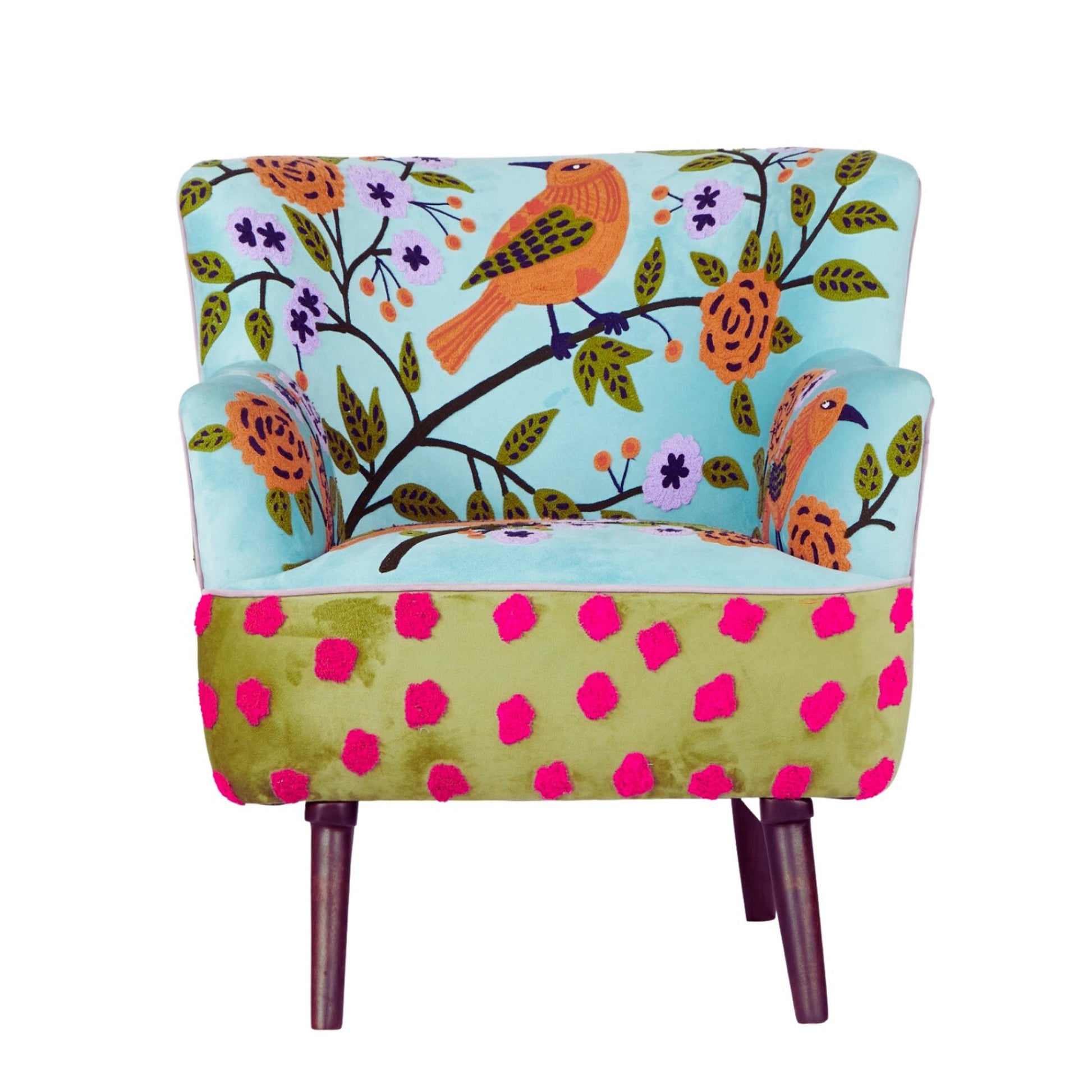 32" Blue Green Orange Pink and Brown Floral Arm Chair-1