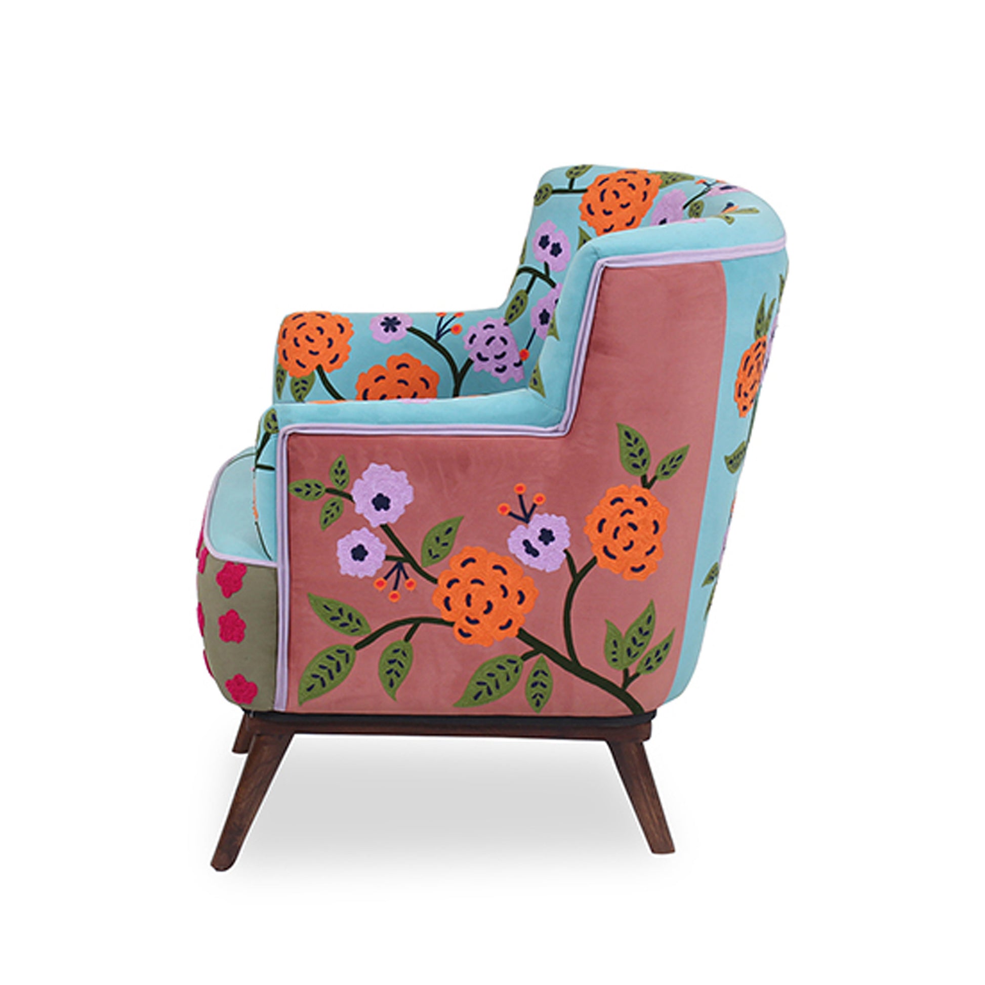 32" Blue Green Orange Pink and Brown Floral Arm Chair-2